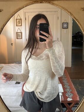 Helmut Lang Cream Open-Weave V-Neck Sweater